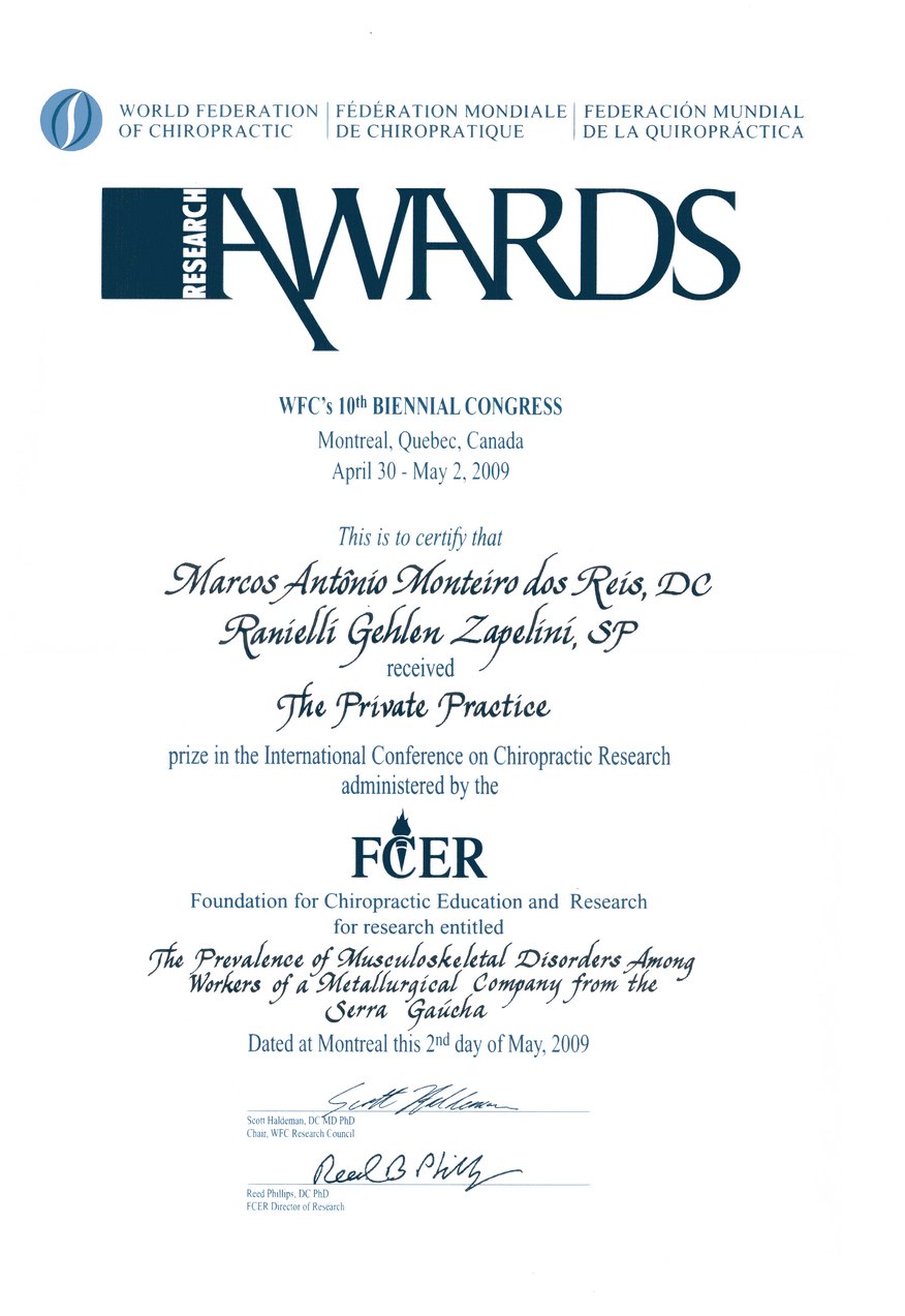 Research Award, World Federation of Chiropractic, Montreal 2009